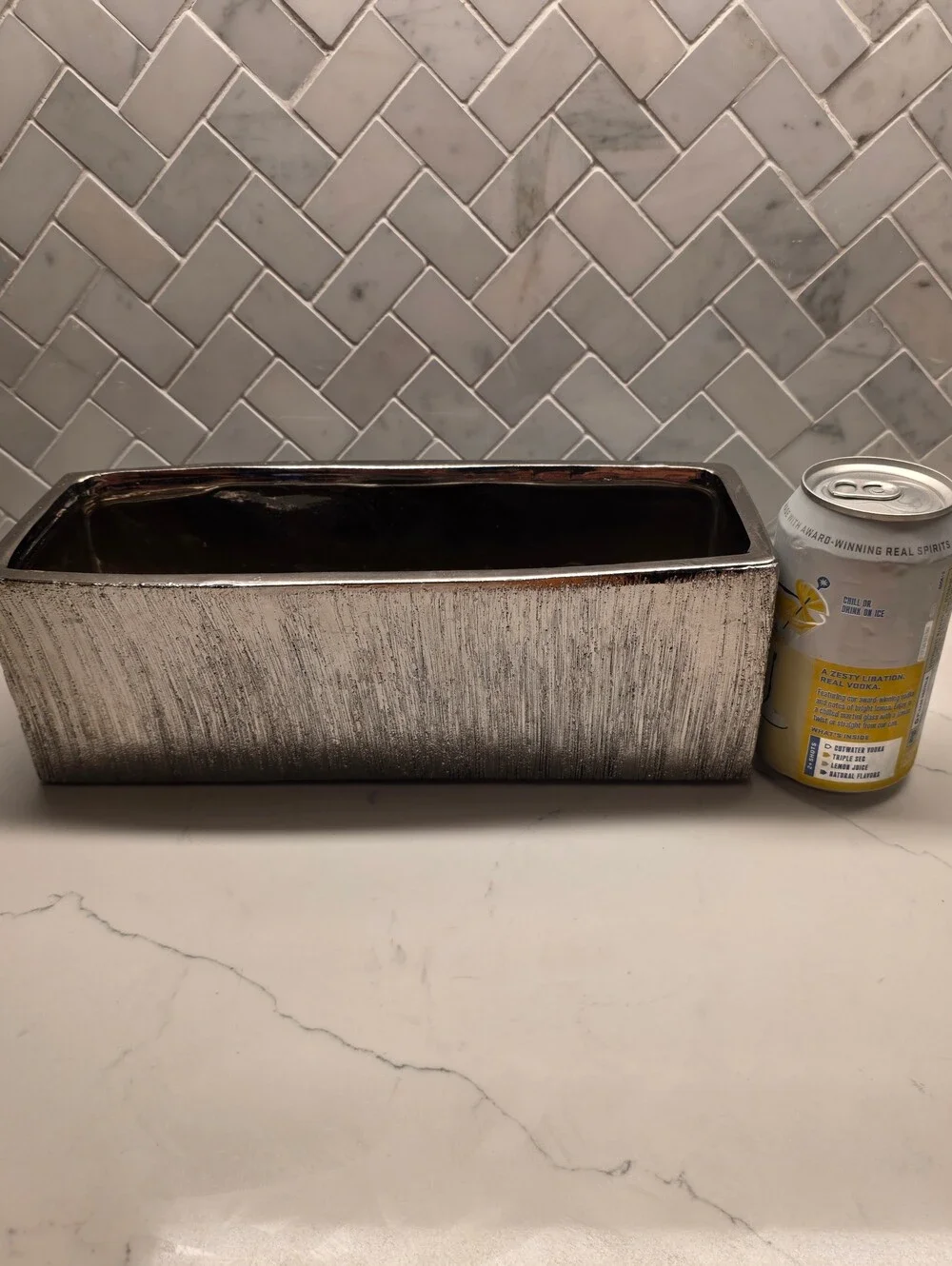 Modern Metallic Silver Ceramic Trough Planter – Textured Rectangular Centerpiece